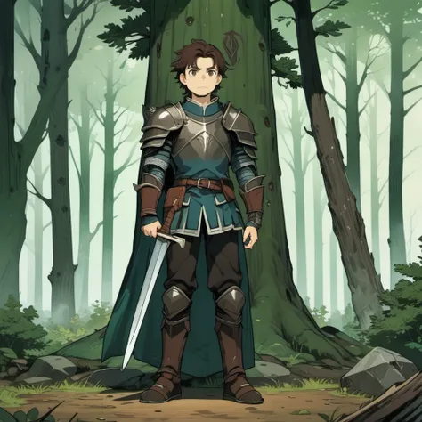 fca style, 1boy, long hair, short spiky brown hair, 20 years old, serious expression, steel plate armor, sword, standing, dense forest, thick fir trees, oak trees, bushes, (pebbles, rocks:0.3), scrubland, dark and mysterious, fog