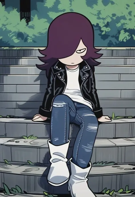 yamiko, 1girl, hair over one eye, purple hair, long hair, yamiko, 1girl, hair over one eye, purple hair, long hair, 1girl, solo, hair over one eye, outdoors, no nose, no eyebrows,  shirt, white shirt, skinny jeans, leather jacket, boots, white boots, knee ...