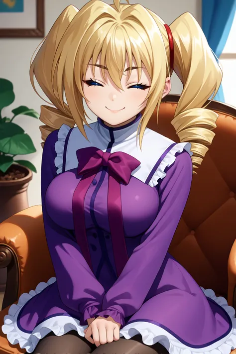 score_9, score_8_up, score_7_up, score_6_up, source_anime BREAK 1girl, solo <lora:ravelphenex-pdxl-nvwls-v1-000004:1> dxdRP, blonde hair, ahoge, twin drills, blue eyes, breasts, purple dress, long sleeves, purple bow, white collar, frilled dress, black pan...