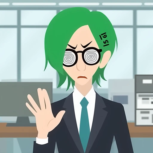 flat color, vector, tbmidoriko, green hair, medium hair, hair over one eye, hair behind ear, spiral glasses, opaque glasses, business suit, angry, pointing, indoors, office