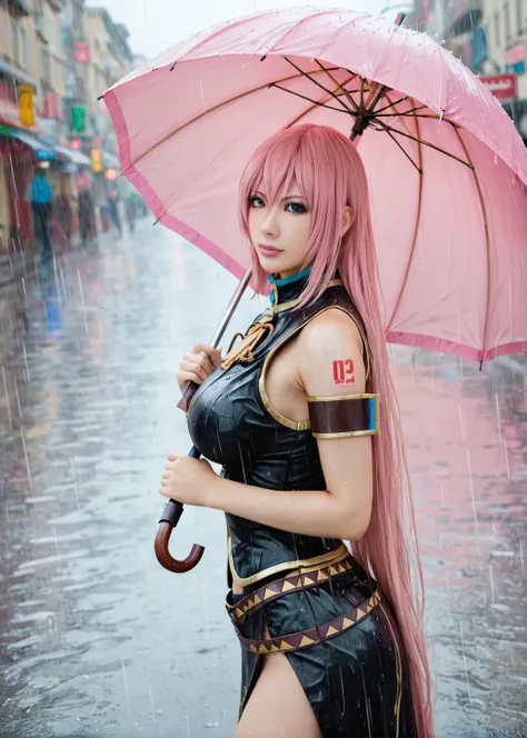 score_9, highly detailed, 1girl,  megurine luka v2, pink hair, large breasts, very long hair, street background, rain, looking at viewer, holding umbrella<lora:Megurine_Luka_V2_Pony_Realistic:1>