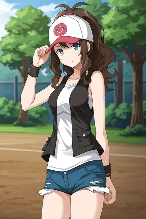 1girl, solo, hiltoukodaBW, brown hair, blue eyes, high ponytail, hat, baseball cap, black vest, white shirt, sleeveless, denim shorts, black wristband, outdoors, standing, cowboy shot, looking at viewer