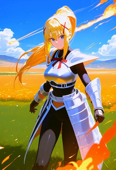 anime girl with long blonde hair and sword in field