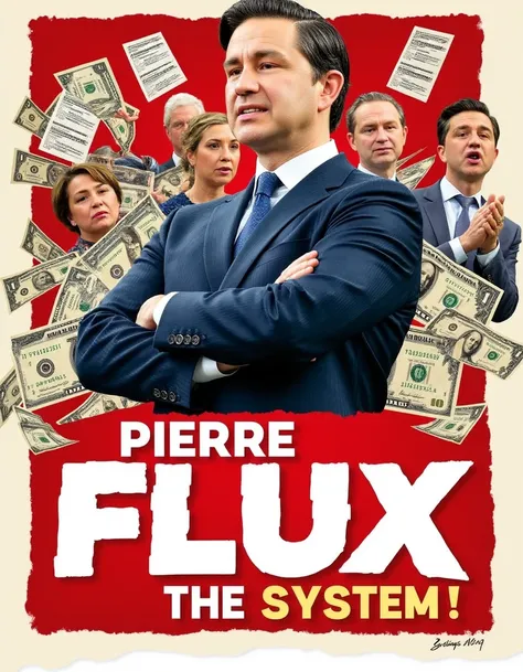 A humorous and exaggerated political poster featuring Pierre Poilievre rebranded as âPierre Flux.â The poster mimics a vintage propaganda style, with bold red and white colors and Poilievre striking a confident pose, arms crossed and staring heroically...