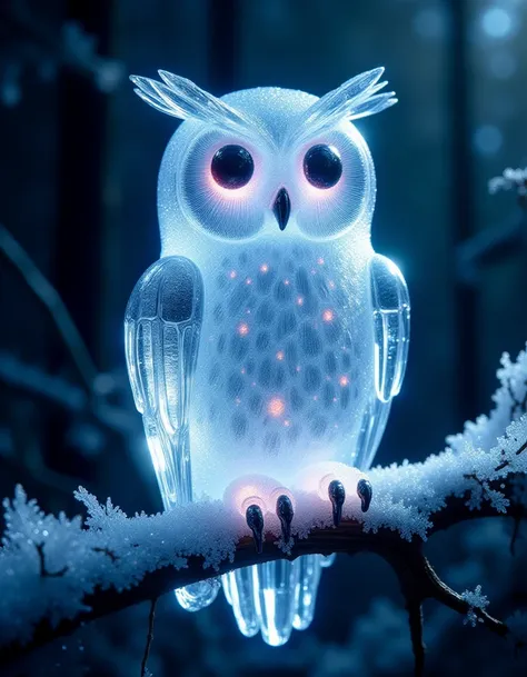 glittering night, ice sculpture, vivid, cuteness overload, sci-fi ice horror styled . anatomical, unmaterial, bones, forest background, contoured, surrealism, close up photography by Shaddy of a close up cute transparent ghostly vivid happy dreamy owl ice ...