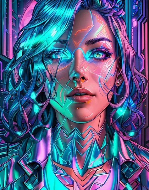 holographic woman made of iridescent light, highly detailed, professional illustration, bold linework, bright saturated colors, holographic, cyberpunk