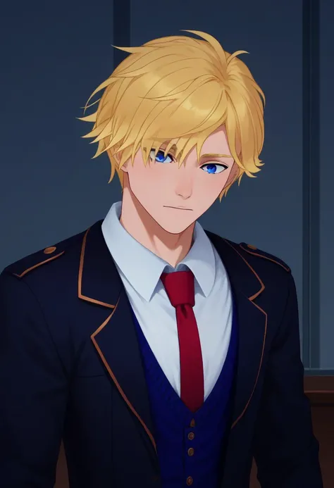 score_9, score_8_up, score_7_up, source_anime, highly detailed, 
jaune, 1boy, male focus, solo, blonde hair, blue eyes, school uniform, shirt, white shirt, collared shirt, necktie, red necktie, blazer, upper body
indoor