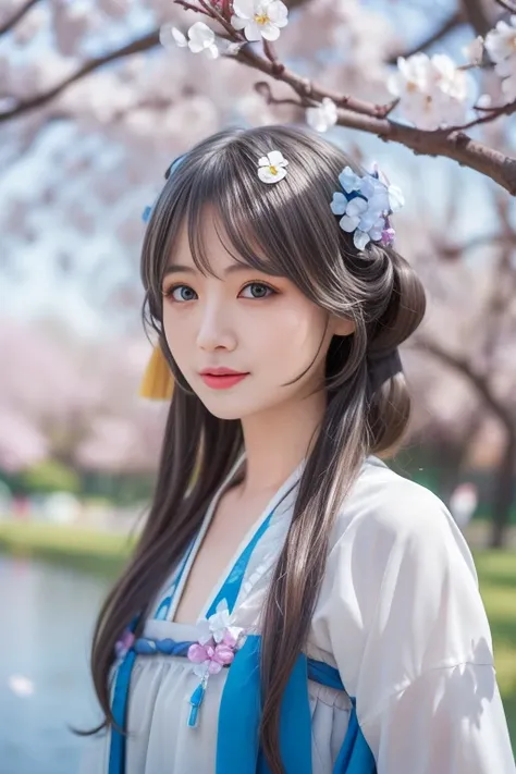 ltra-detailed,highly detailed,best quality,masterpiece,illustration, drawing, realistic, photorealistic,
luotianyi, huachenyuexi, 1girl, solo, 
hanfu, 
looking at viewer, upper body, 
flower, outdoors, tree, branch, day, cherry blossoms, blurry background,...