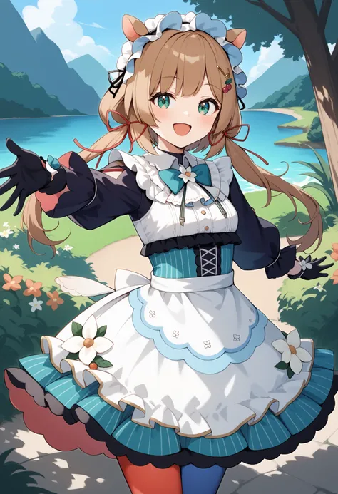 score_9, score_8_up, score_7_up, score_6_up, score_5_up, score_4_up, source_anime, aaeli, long hair, brown hair, low twintails, animal ears, headdress, hair ornament, green eyes, small breasts, aqua bowtie, frills, layered dress, white dress, black sleeves...