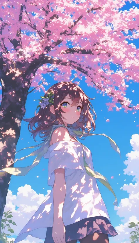 a girl standing in front of a tree with pink flowers,lyh,anime
