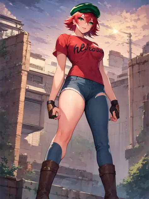 <lora:Nanjou_kisara_sd15:0.9>, nanjou kisara, red hair, short hair, green eyes, green hat, red shirt,  clothes writing, jeans, torn blue jeans, asymmetrical legwear, boots, 1girl, standing, alone, looking at the viewer, masterpiece, highres, highly detaile...