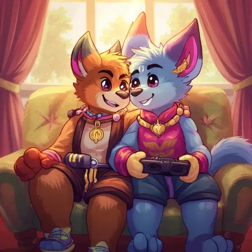 Charming furry artstyle,  cute male couple, furry, gaming, happy, sitting on a couch