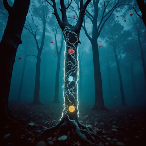 blucypunk style, a glowing tree with cybertronic inlays in a foggy forest