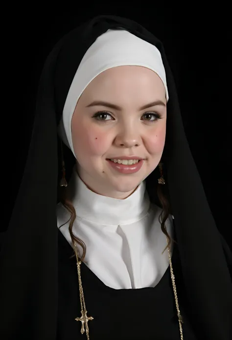 (breathtaking photography of beautiful emma woman wearing a (precious nun costume):1.2),  beautiful detailed face, smiling suggestively at viewer, lipstick, earrings, necklace, freckles, mole, mole on face, cross necklace,  (masterpiece of art, professiona...