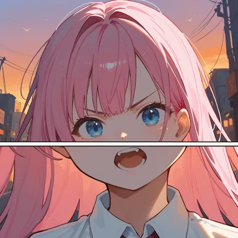 (score_9, score_8_up, score_7_up) BREAK source_anime, em storyboard, 1girl, solo, blue eyes, pink hair, long hair, very long hair, collared shirt, v-shaped eyebrows, open mouth, looking at viewer, close-up, sunset, street, <lora:em_storyboard:1>