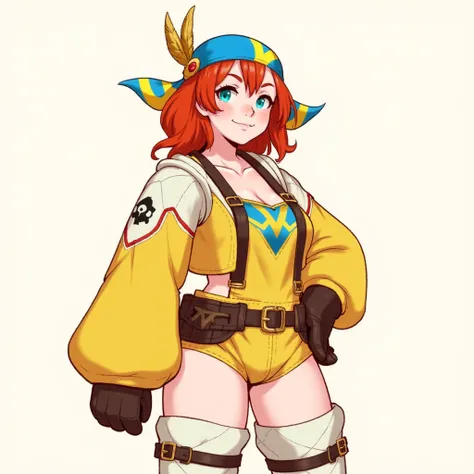 digital drawing of minaylemhr with red hair. She wears a blue and yellow bandana on her head, adorned with a golden feather. She also has yellow, long-sleeved overalls with a distinctive, striped pattern, and leather gloves. she wears knee-high, white, qui...