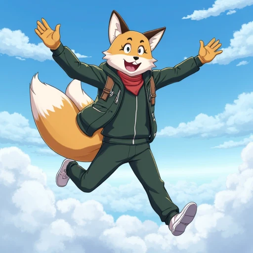 solo, male, anthro, fox, sky diving, spread arms, spread legs, skies, Emio the smiling man art style