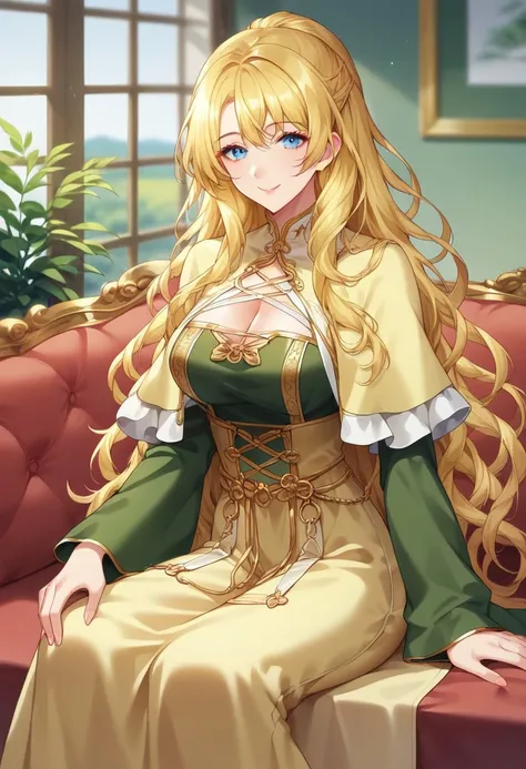 masterpiece, best quality, score_9, score_8_up, score_7_up, source_anime, 1girl, looking at viewer, scenery, depth of field, close up, zPDXL2, Expressiveh, blurry background, chiaroscuro, 
lidia, blonde, wavy hair, long hair, blue eyes, casual, yellow cape...