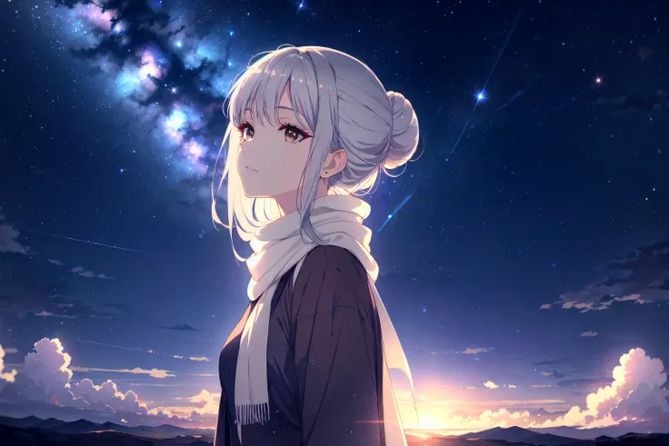 close view, 
beautiful person, solo, Long hair with scarf wrapped bun, ash grey hair, brown eye, 
shining sky, vast world, gazing, awe-inspiring expression, distant horizon, clouds, high hill, natural beauty, inspiration, night sky, Shining Stars,