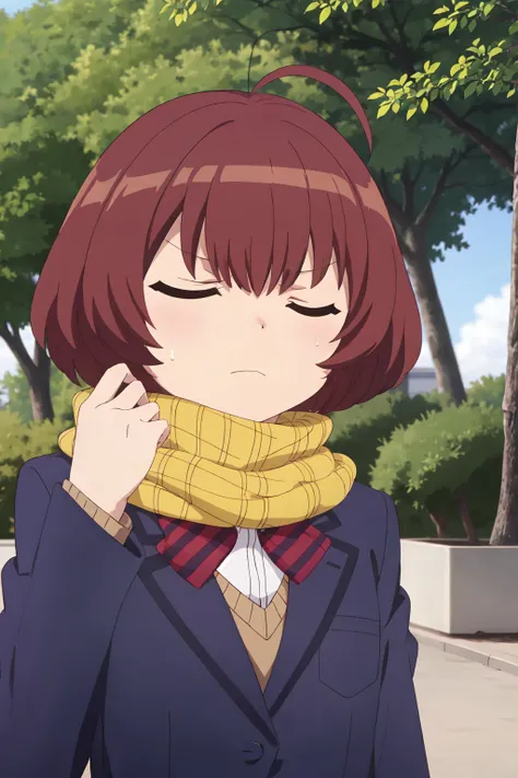 Akako Onigashima, (8k, HD), 1girl, solo, short hair, brown hair, bow, closed mouth, school uniform, jacket, closed eyes, upper body, ahoge, outdoors, hand up, bowtie, scarf, sweatdrop, red bow, tree, frown, blazer, red bowtie, yellow scarf<lora:EMS-469265-...