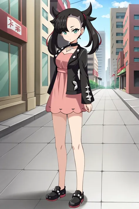 1girl, solo, mariniepkmnss, green_eyes, black_hair, asymmetrical_bangs, twintails, undercut, pink_dress, black_jacket, open_jacket, black_collar, black shoes, standing, outdoors, city, looking at viewer, full body