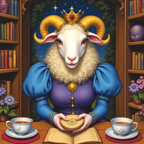 ArsMJStyle, Wonderland, The image shows a painting of a sheep wearing a blue dress and a crown holding a book in its hands standing in front of a table with a cup saucer papers and other objects on it. To the left of the table is a flower pot with flowers ...