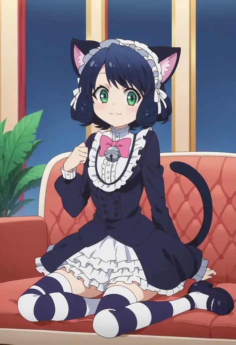 score_9, score_8_up, score_7_up, score_6_up, score_5_up, score_4_up , anime coloring ,BREAK source_anime, anime,screencap,
 1girl, solo,cyanh, base_outfit, pink bowtie, dress, white trim skirt, headdress, cat ears, cat tail, chest bell, striped thighhighs,...