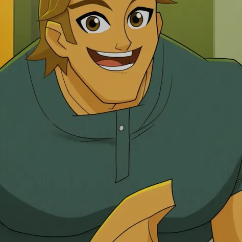 pectorals, jeans, brown hair, head out of frame, upper body, 1boy, pectoral focus, smile, open mouth, looking at viewer