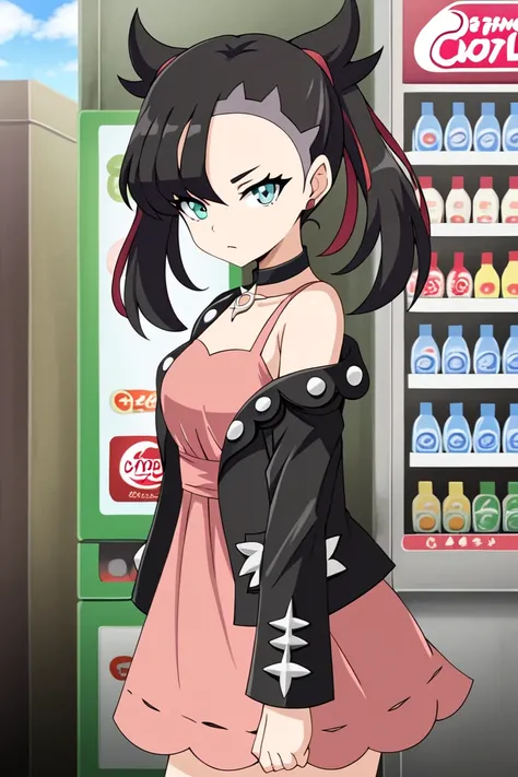 1girl, solo, mariniepkmnss, green_eyes, black_hair, asymmetrical_bangs, twintails, undercut, pink_dress, black_jacket, open_jacket, black_collar, standing, outdoors, city, vending machine, looking at viewer, serious,