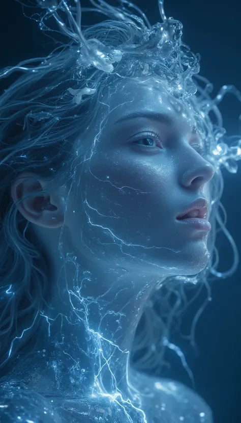 bailing_lightning, 1girl, composed of elements of thunder,thunder,electricity,Capture the ethereal beauty of a young galaxy girl composed of ice and water, her translucent face and body glowing with intricate details. Her hair entwined with thunder and ele...