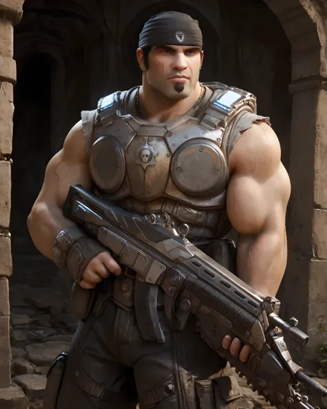 <lora:Marcus_Fenix_PonyXL-10(2):0.9> og_marcus_fenix, ruins, standing, trigger discipline, holding rifle, rifle, (muscular:1.4), (long vertical scar :1.3), goatee, looking at viewer, blue eyes, sleeveless armor, long pants, bandana, score_9, score_8_up, sc...