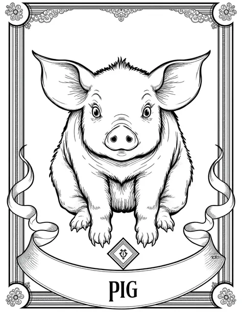 A pig in the style of Taroo, black and white, a text saying "pig", tarot card