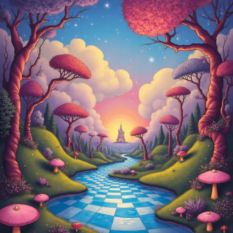 ArsMJStyle, Wonderland, A vibrant, dreamlike landscape with twisted trees, floating teacups, and glowing mushrooms. A river of liquid stardust flows through the scene, with pastel-colored clouds swirling overhead. Giant flowers with faces, chessboard-patte...