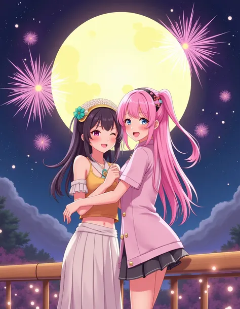 Enly Style, two cute girls, happy, hugging, hanami festival, full moon, fireworks <lora:Enchanting_Lily_Style_Test-000003:1>