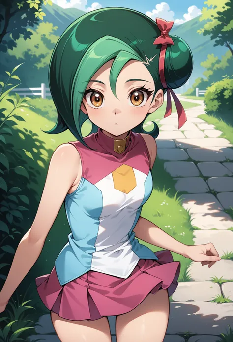 (masterpiece, best quality, very aesthetic, ultra detailed), intricate details, 4k, aakotori, short hair, multicolored hair, green hair, single hair bun, hair ribbon, brown eyes, small breasts, bare shoulders, sleeveless shirt, multicolored shirt, blue shi...