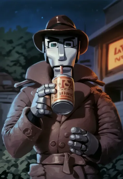 score_9_up, score_8_up, score_7_up, score_6_up, dick_spanner, 1boy, solo, robot, brown fedora, brown trench coat, belt, drinking from a can of oil,  in a sleazy bar, night, , (painted art)