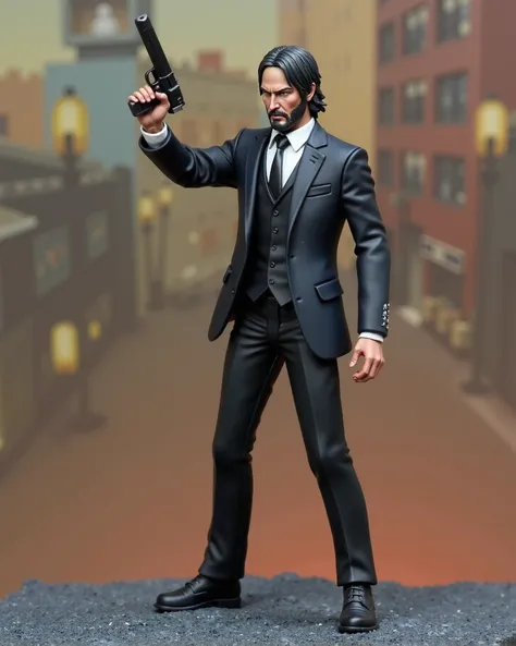 RAW Photo of an Handpainted Miniature of Keanu Reeves as John Wick holding a gun toward the viewer, on a asphalt diorama. Fullbody. In front of a painted city background.