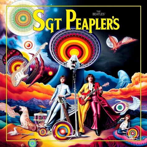 beatles sgt peppers album cover. bold, psychedelic visuals that blend surreal and fantastical elements with vibrant color palettes. Each cover captures attention with dynamic compositions, often featuring intricate details and powerful imagery, whether it’...