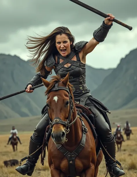 A hyper-realistic depiction of Chrystia Freeland reimagined as Xena, Warrior Princess, complete with battle armor and a fierce expression. She is riding a mighty warhorse, clad in leather and adorned with armor, charging forward with her iconic chakram rai...