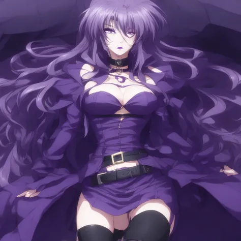 purple dress, purple eyes, precia testarossa, hip vent, choker, belt, , clothing cutout, cleavage, purple hair, 1 girl