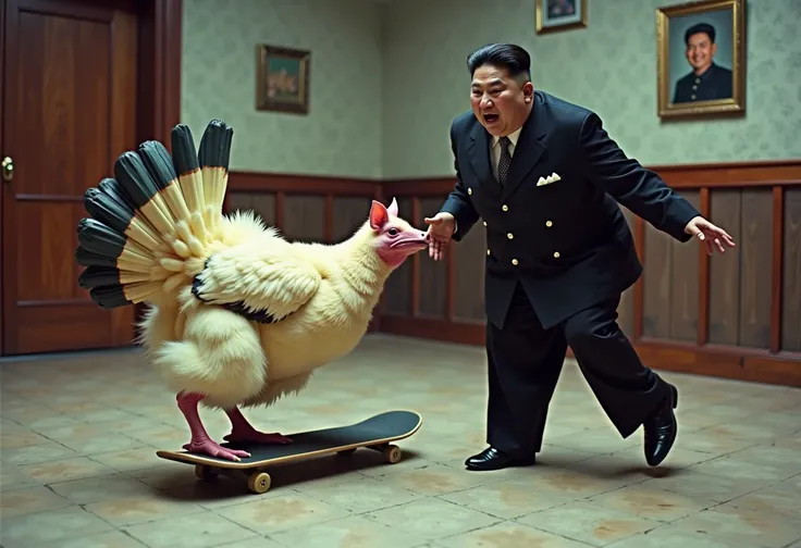 10th generation VHS dubbing, a radical skateboarding Cockentrice on its hind legs lunging at terrified Supreme Leader Kim Jong-Un <lora:Cockentrice_Flux:0.7>, scanlines, static,  warping, chromatic aberration, warbly