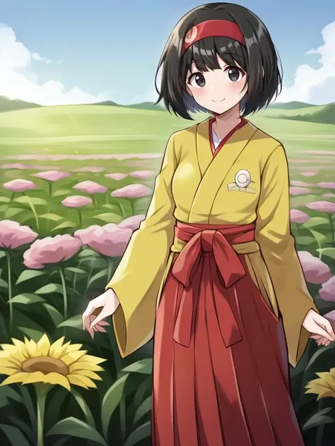 <lora:RBerikatsukishiro:0.7>
1girl, solo, eeririkaka, black hair, short hair, black eyes, red hairband, yellow kimono, red hakama, standing, outdoors, flower field, smile