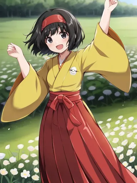 <lora:RBerikatsukishiro:0.7>
1girl, solo, eeririkaka, black hair, short hair, black eyes, red hairband, yellow kimono, wide sleeves, hakama skirt, red hakama, standing, dancing, outdoors, flower field, smile, open mouth