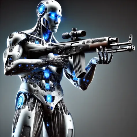 humanoid robot, robot joints, rendered, male focus, solo, futuristic design, sleek metallic surface, glowing blue LED lights, detailed mechanical components, advanced circuitry visible beneath outer casing, high-tech armor plating, cybernetic enhancements,...