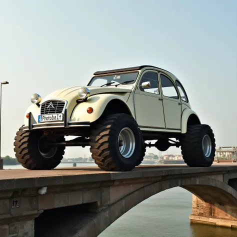 2CV, a pearly white monstertruck car with huge wide tires, on a bridge, licence plate with the text "PhotobAIt"  <lora:2CV:0.8>