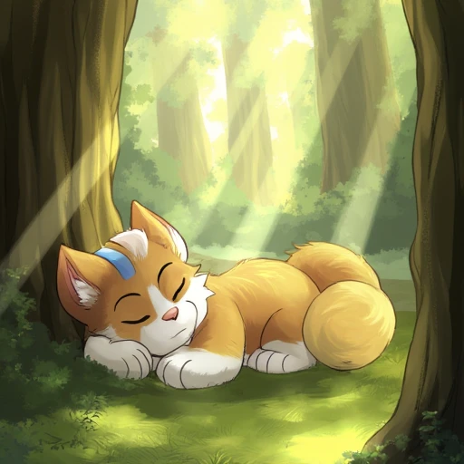 cfas, solo, female, chibi, sleeping, lying against a tree, forest, rays of light, midday, furry