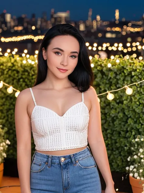 waist up photo <lora:TM4l1c3_XL_v10_epoch_3:0.9>, TM4l1c3, 1girl, solo, black hair, long hair, Basket weave top and mom jeans, An elegant, rooftop garden party with twinkling lights and live music