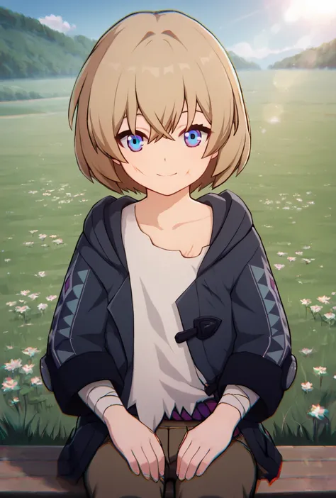 score_9,score_8_up,score_7_up,1boy, solo, light rays, smile,, looking_at_viewer, outdoors,source_anime, realistic_scene, posing,field,plant,scenery,grass, Kakavasha,multicolored eyes,blonde hair, hair between eyes, scar on face,Blue jacket,hooded jacket, o...