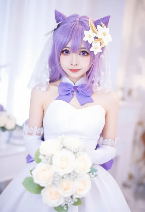 a female character with long purple hair, wearing a white bridal dress. She has a flower accessory in her hair and is holding a bouquet of white roses. The character is wearing gloves and has a veil draped over her head. Her eyes are a striking shade of pu...