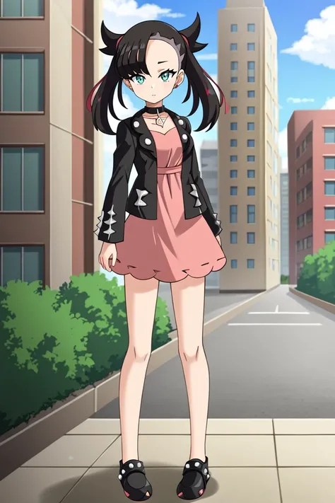 1girl, solo, mariniepkmnss, green_eyes, black_hair, asymmetrical_bangs, twintails, undercut, pink_dress, black_jacket, open_jacket, black_collar, black shoes, standing, outdoors, city, looking at viewer, full body